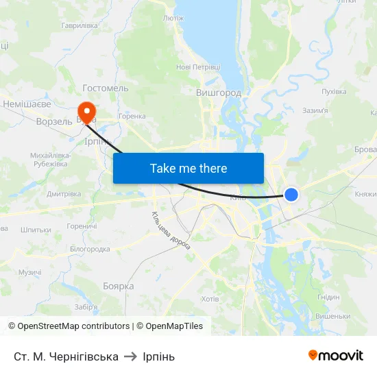 Ст. М. Чернігівська to Ірпінь map