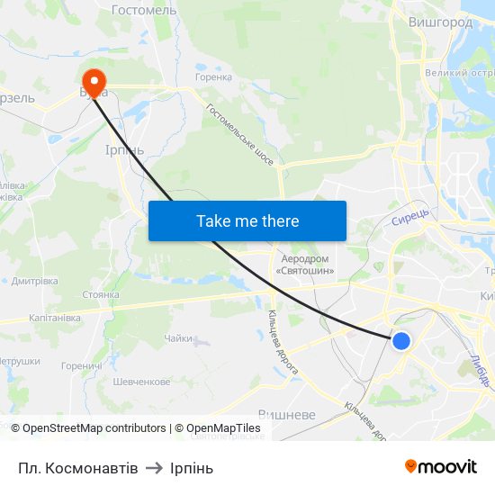 Пл. Космонавтів to Ірпінь map