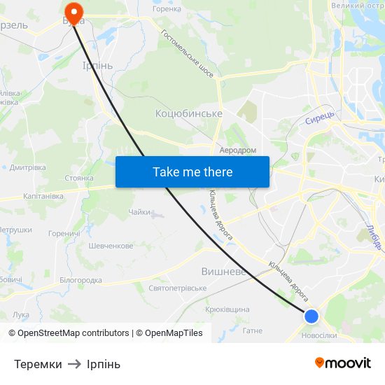 Теремки to Ірпінь map