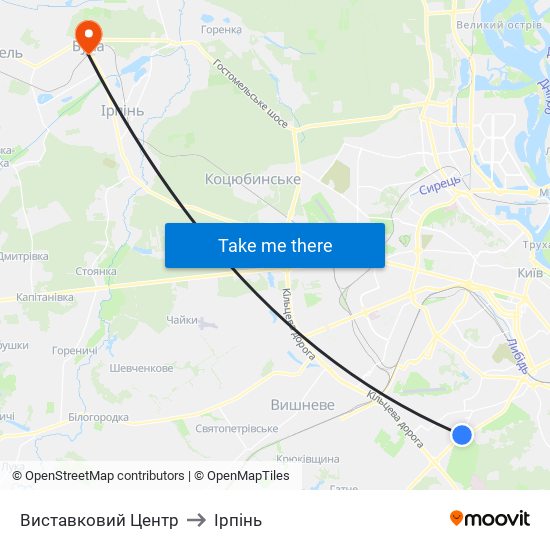 Виставковий Центр to Ірпінь map