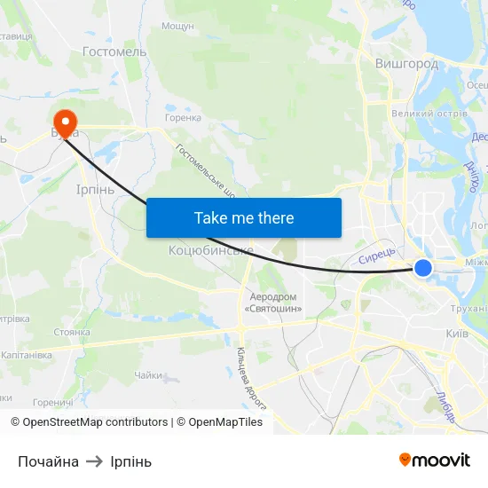 Почайна to Ірпінь map