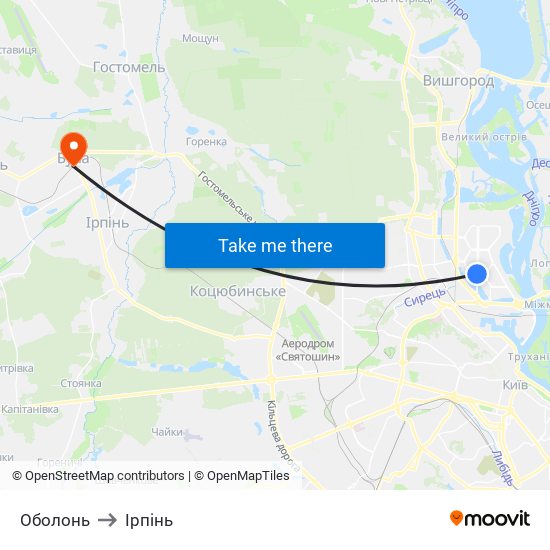 Оболонь to Ірпінь map