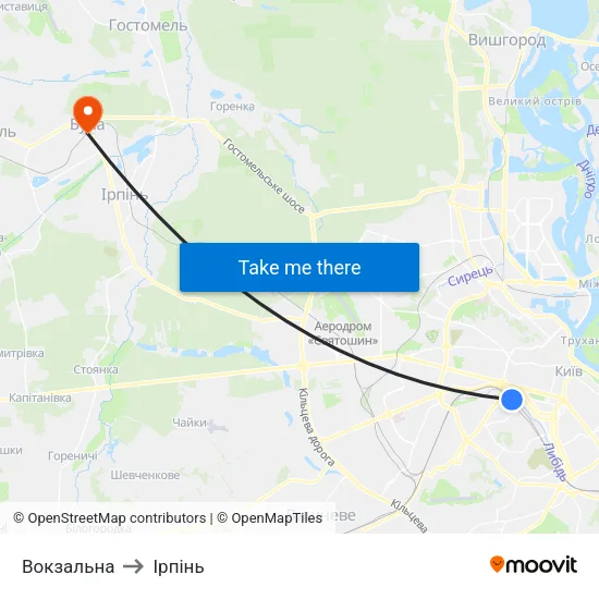 Вокзальна to Ірпінь map
