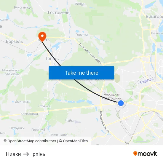 Нивки to Ірпінь map