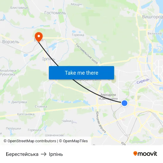 Берестейська to Ірпінь map