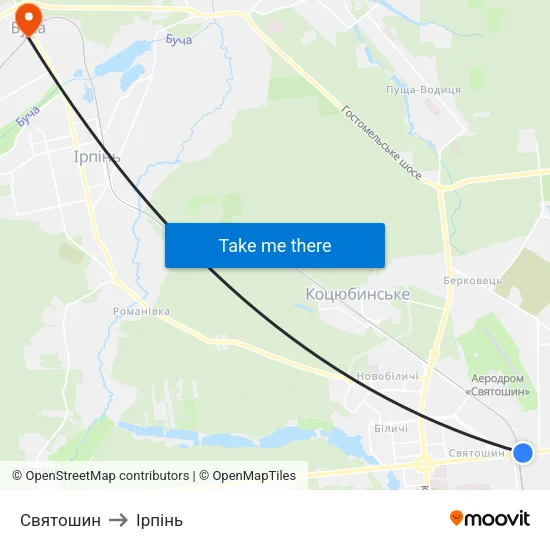 Святошин to Ірпінь map