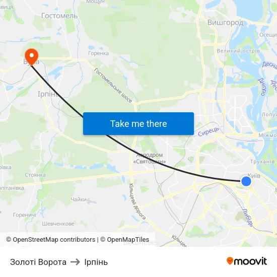 Золоті Ворота to Ірпінь map