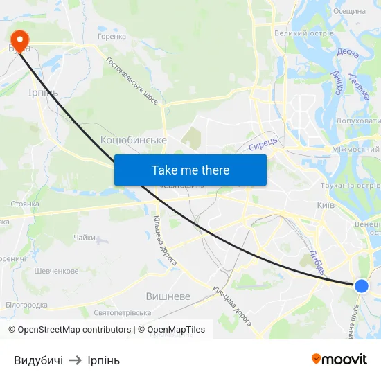 Видубичі to Ірпінь map