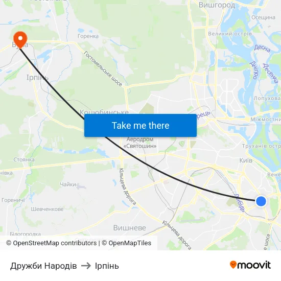 Дружби Народів to Ірпінь map
