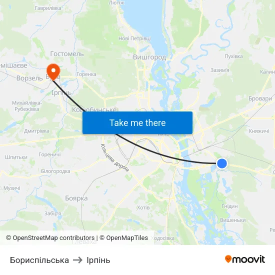 Бориспільська to Ірпінь map