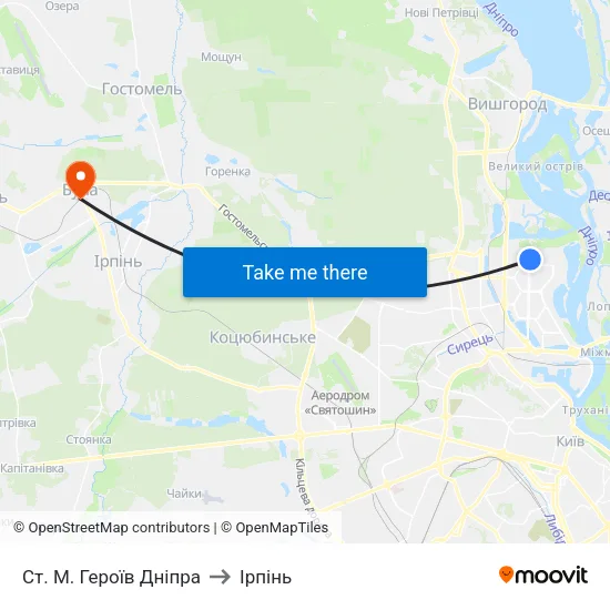 Ст. М. Героїв Дніпра to Ірпінь map