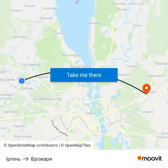 Ірпінь to Бровари map
