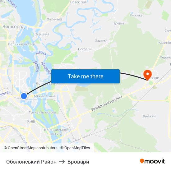 Оболонський Район to Бровари map