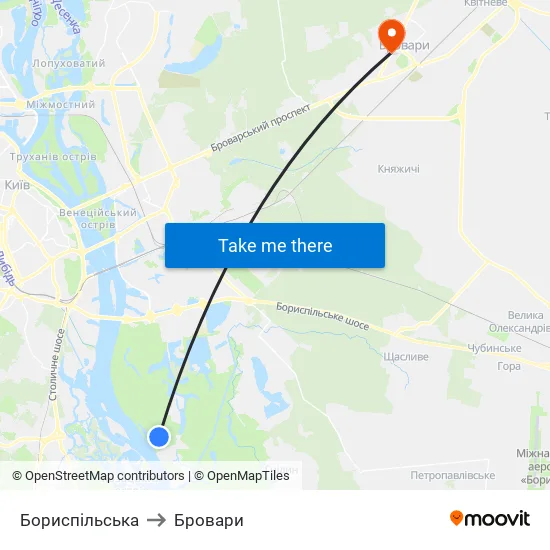 Бориспiльська to Бровари map
