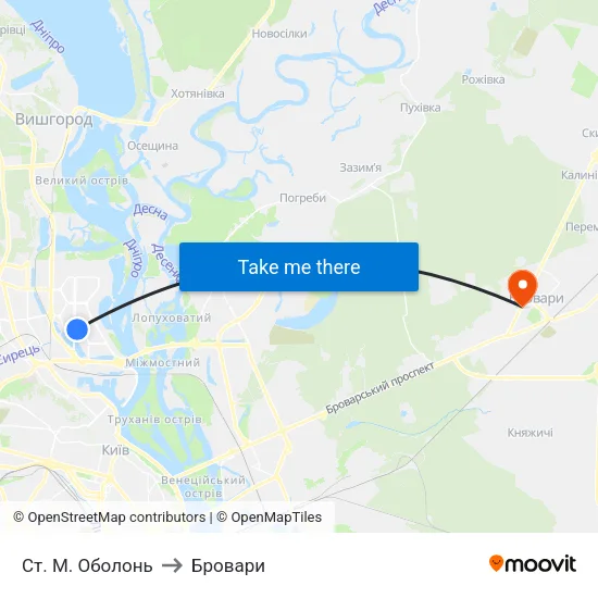 Ст. М. Оболонь to Бровари map