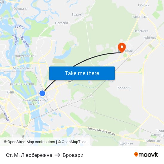 Ст. М. Лівобережна to Бровари map