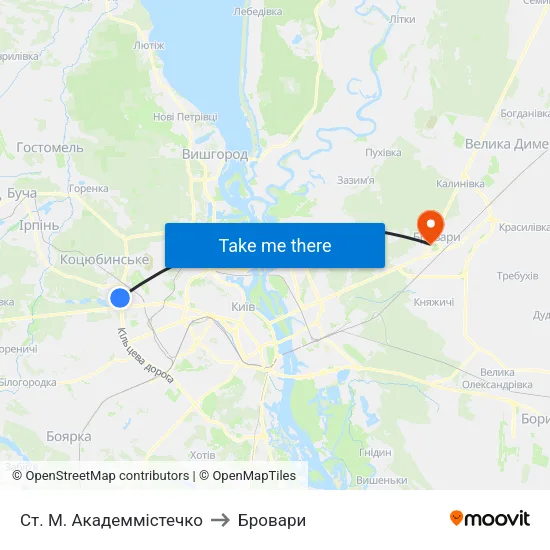 Ст. М. Академмістечко to Бровари map