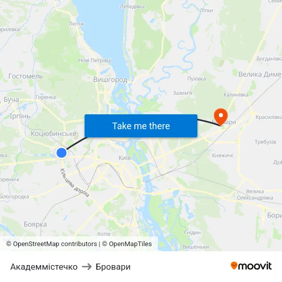 Академмістечко to Бровари map