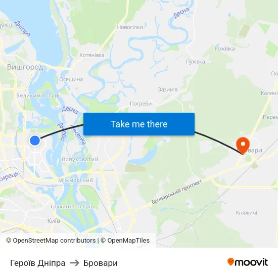 Героїв Дніпра to Бровари map