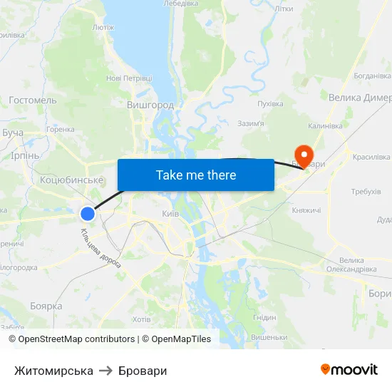 Житомирська to Бровари map