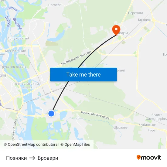Позняки to Бровари map
