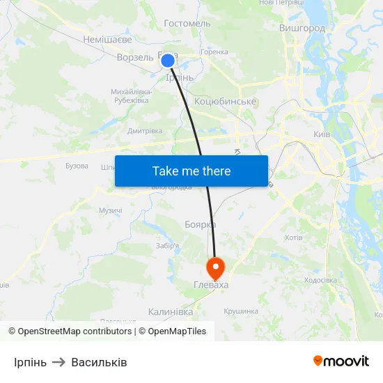 Ірпінь to Васильків map