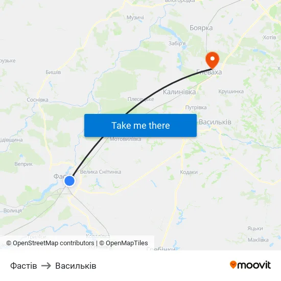 Фастів to Васильків map