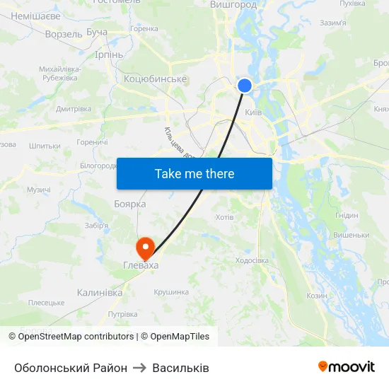Оболонський Район to Васильків map