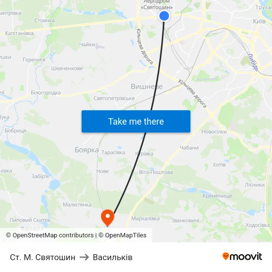 Ст. М. Святошин to Васильків map