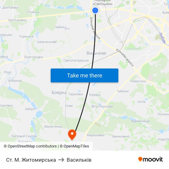 Ст. М. Житомирська to Васильків map