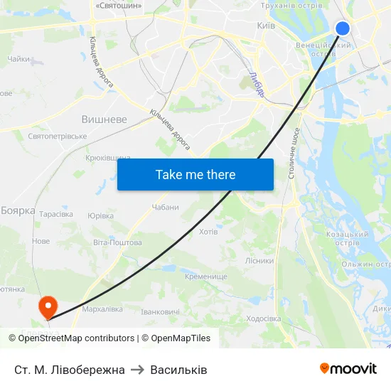 Ст. М. Лівобережна to Васильків map