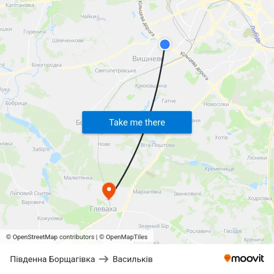 Південна Борщагівка to Васильків map