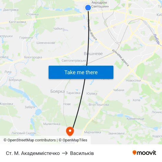 Ст. М. Академмістечко to Васильків map