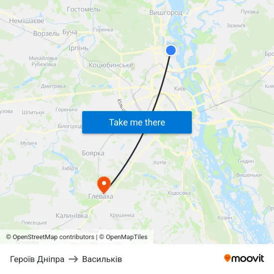Героїв Дніпра to Васильків map