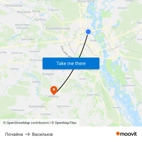 Почайна to Васильків map