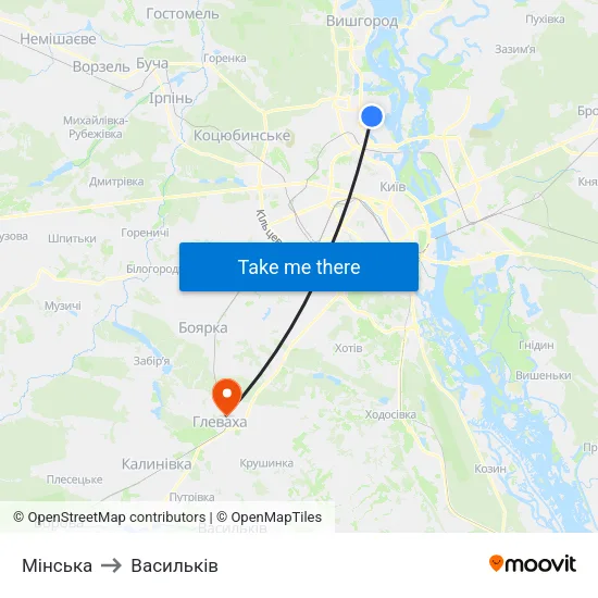 Мінська to Васильків map