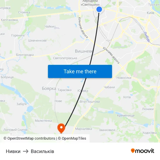Нивки to Васильків map