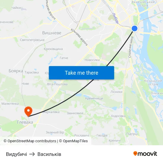 Видубичі to Васильків map