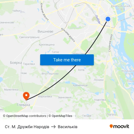 Ст. М. Дружби Народів to Васильків map