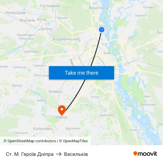 Ст. М. Героїв Дніпра to Васильків map