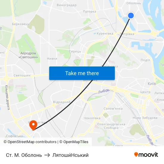 Ст. М. Оболонь to Лятоши́Нський map