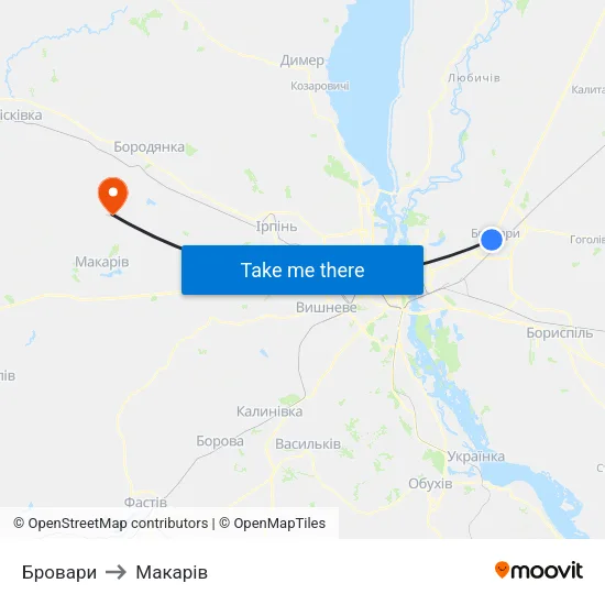 Бровари to Макарів map