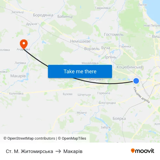 Ст. М. Житомирська to Макарів map