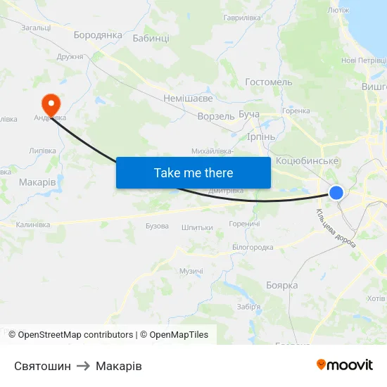 Святошин to Макарів map