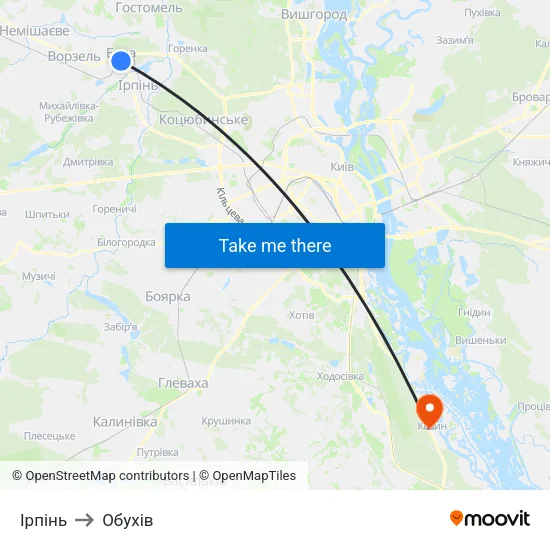 Ірпінь to Обухів map