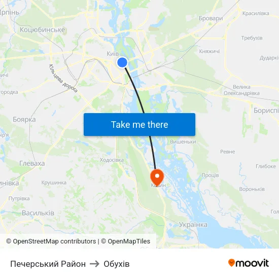 Печерський Район to Обухів map
