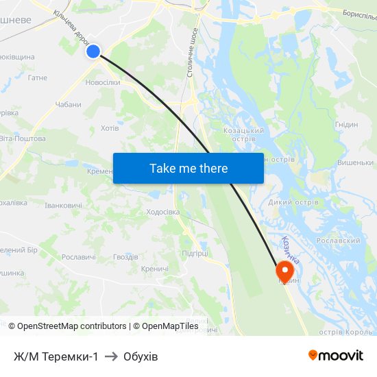 Ж/М Теремки-1 to Обухів map