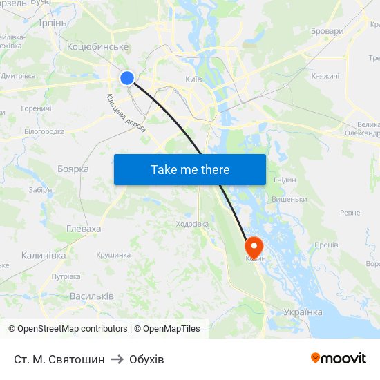 Ст. М. Святошин to Обухів map