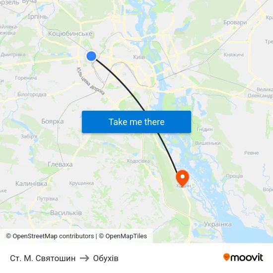 Ст. М. Святошин to Обухів map