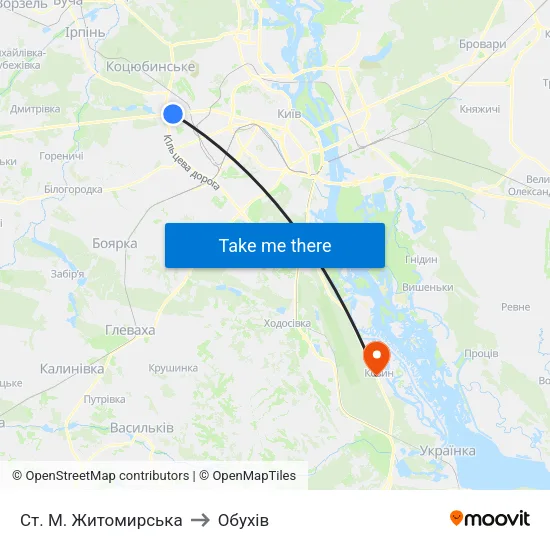 Ст. М. Житомирська to Обухів map
